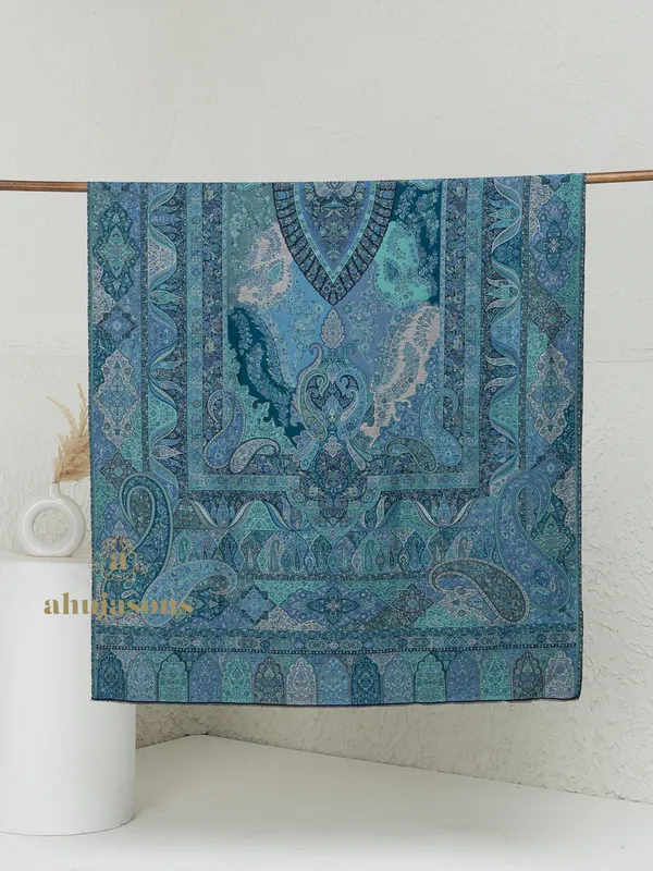 Blue-Woollen Kani Weave Shawl with Elegant Kani Design