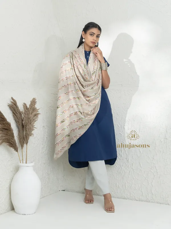 White-Woollen Aari Embroidery Shawl Inspired by Kalamkari Art