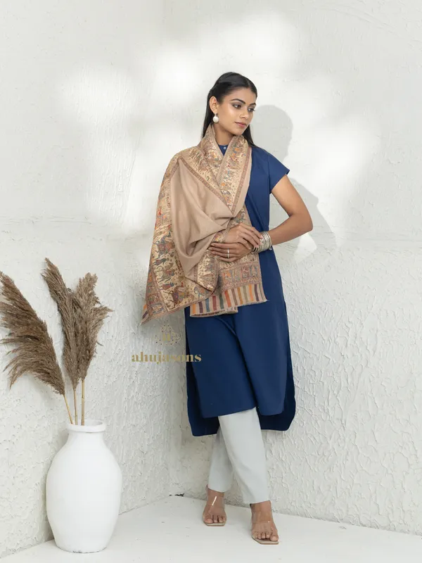 Beige-Woollen Kani Weave Stole Featuring Kani Zari Detailing