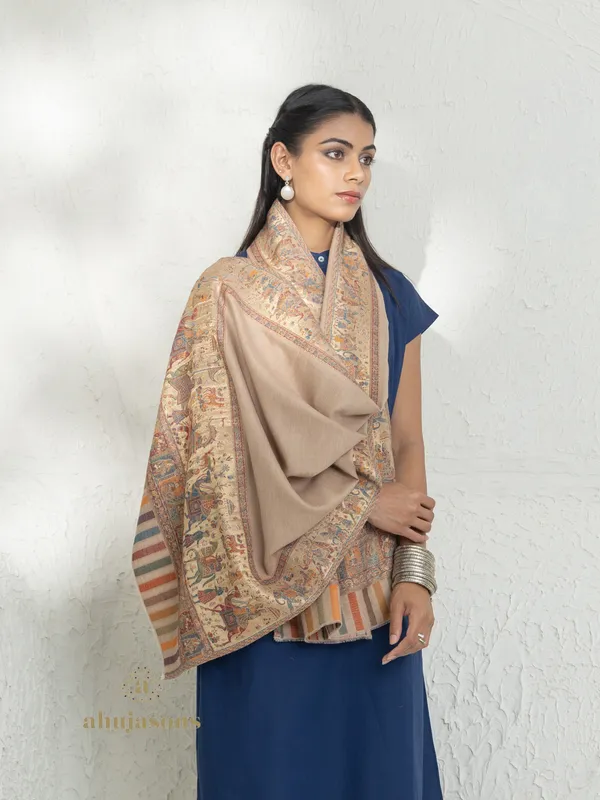 Beige-Woollen Kani Weave Stole Featuring Kani Zari Detailing