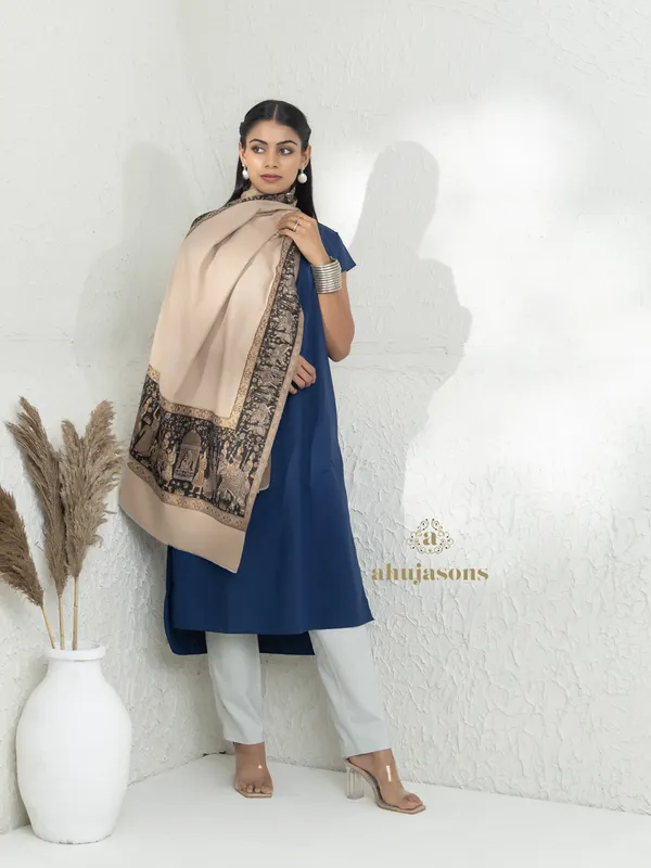 Beige-Woollen Kani Weave Stole with Elegant Kani Zari Detailing