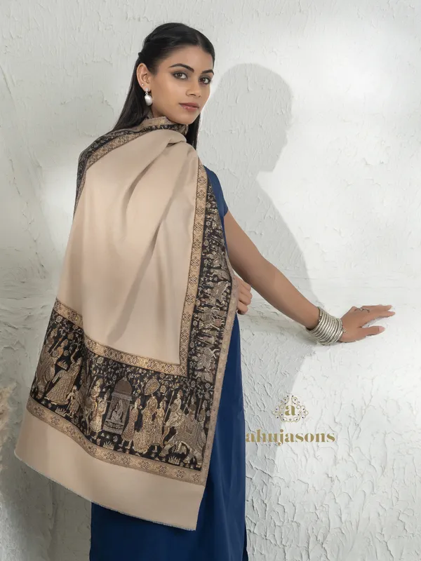 Beige-Woollen Kani Weave Stole with Elegant Kani Zari Detailing