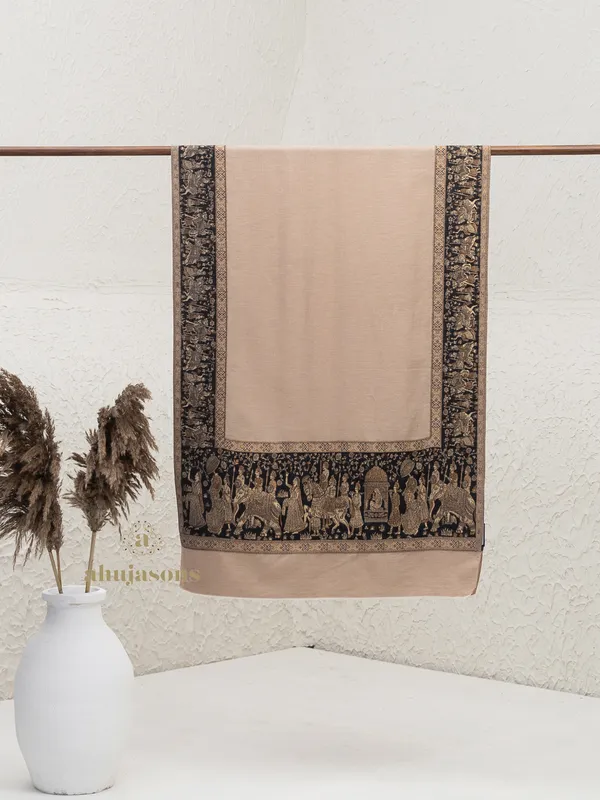 Beige-Woollen Kani Weave Stole with Elegant Kani Zari Detailing