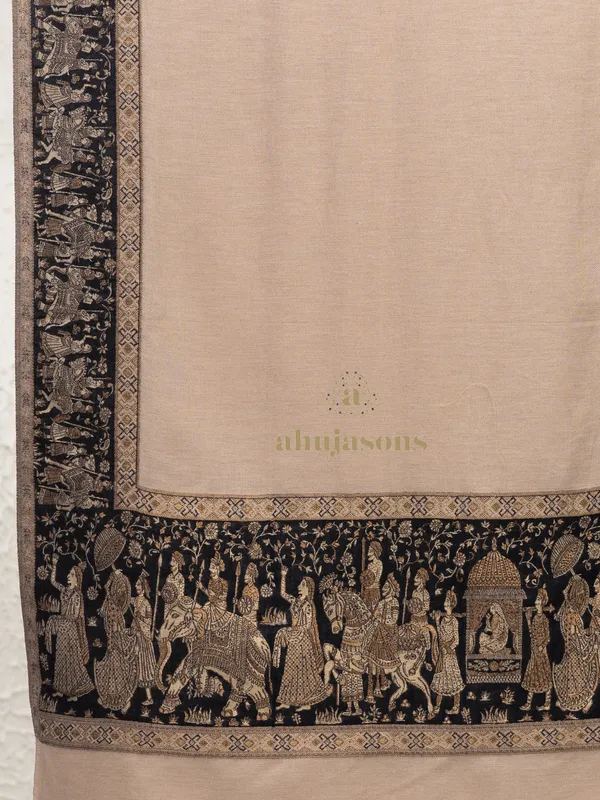 Beige-Woollen Kani Weave Stole with Elegant Kani Zari Detailing