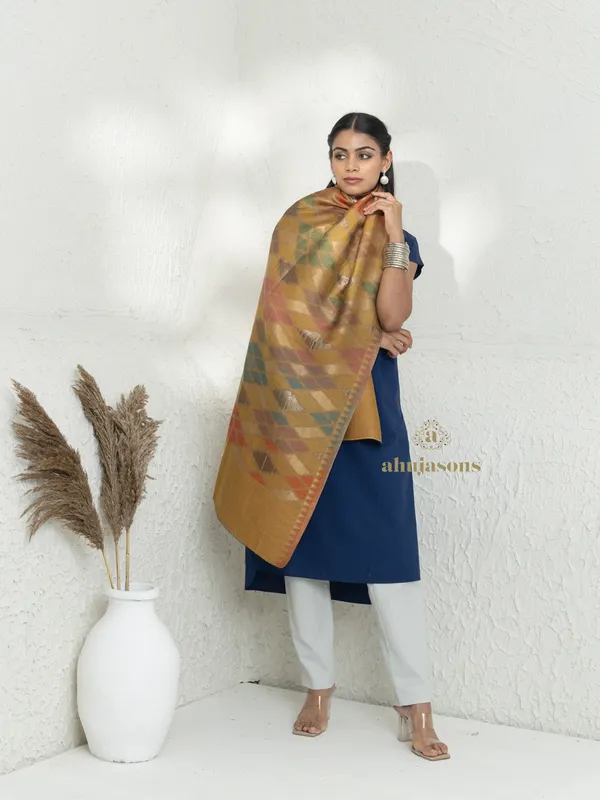Mustard-Woollen Ekat Stole with Unique Kani Zari Ekat Pattern