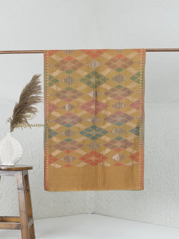 Mustard-Woollen Ekat Stole with Unique Kani Zari Ekat Pattern