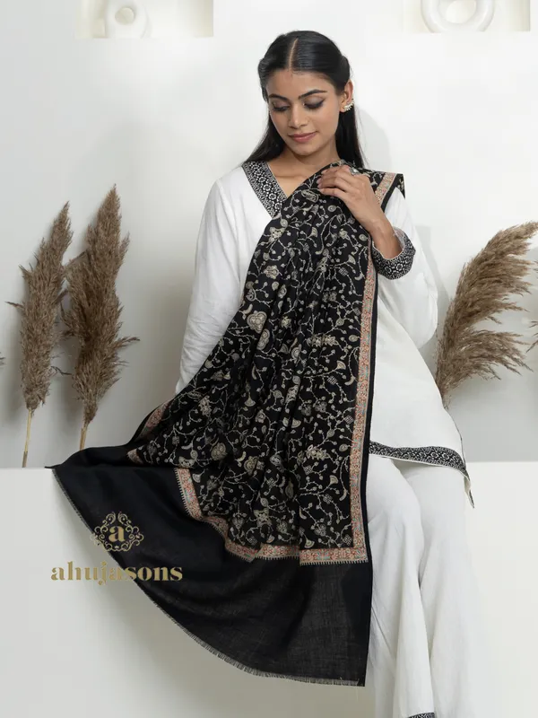 Black-Woollen Aari Embroidery Shawl with Traditional Craftsmanship