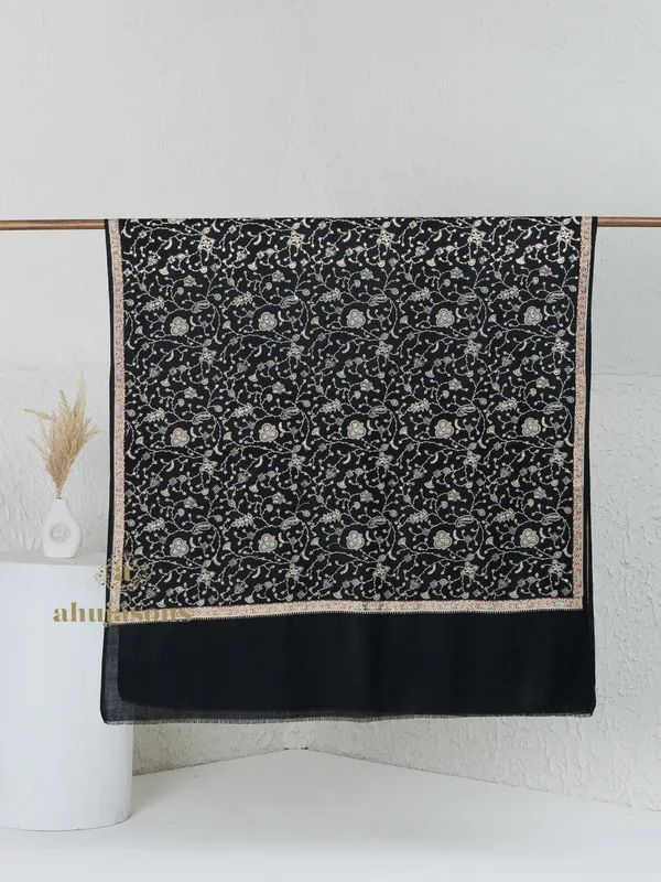 Black-Woollen Aari Embroidery Shawl with Traditional Craftsmanship