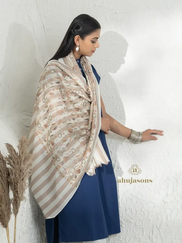 White-Woollen Aari Embroidery Stole with Traditional Aari Patterns