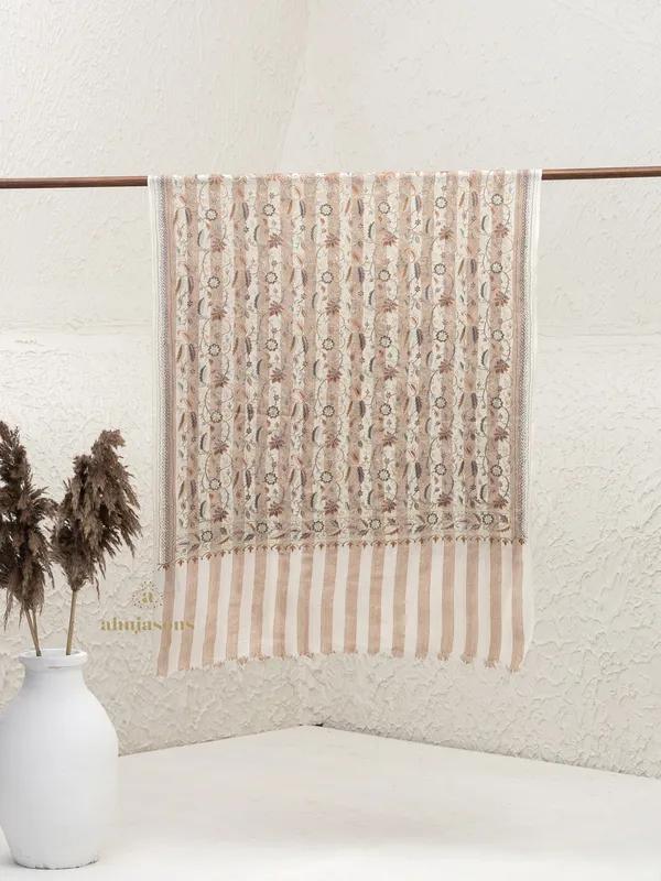 White-Woollen Aari Embroidery Stole with Traditional Aari Patterns