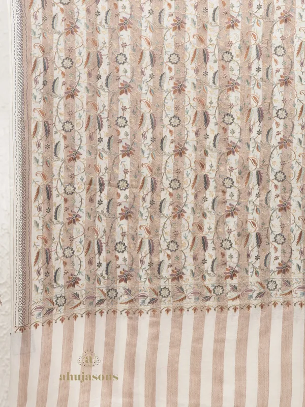 White-Woollen Aari Embroidery Stole with Traditional Aari Patterns