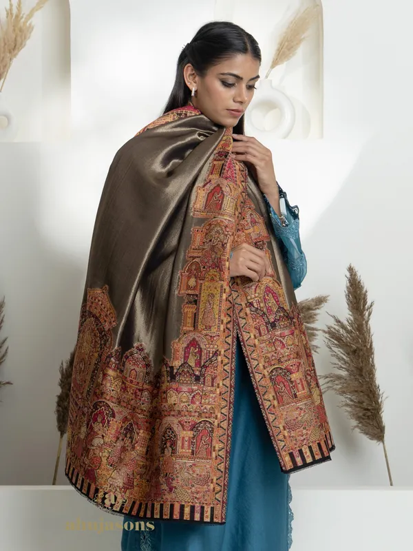 Multi-Color Woollen Kani Weave Zari Reversible Shawl with Kani Accents