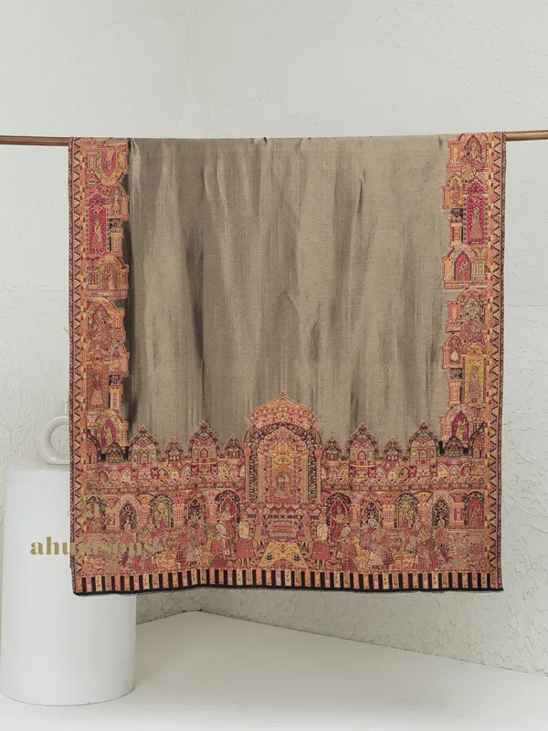 Multi-Color Woollen Kani Weave Zari Reversible Shawl with Kani Accents