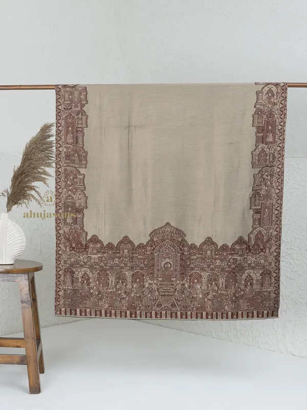 Beige-Woollen Kani Weave Shawl Featuring Kani Zari Detailing