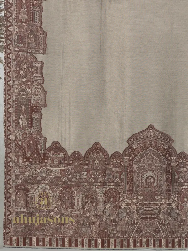 Beige-Woollen Kani Weave Shawl Featuring Kani Zari Detailing