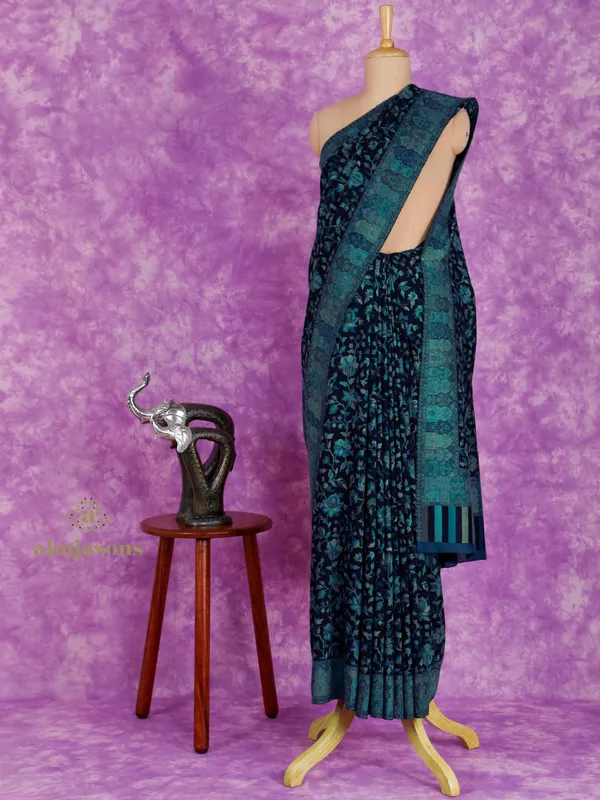 Teal Tranquility: Enchanting Kani Weave Cotton Silk Drape