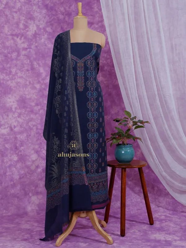Distinctive Embroidered Woollen Suit in Royal Blue