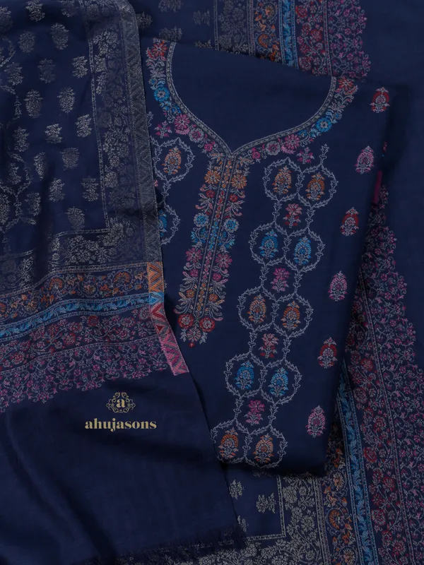 Distinctive Embroidered Woollen Suit in Royal Blue
