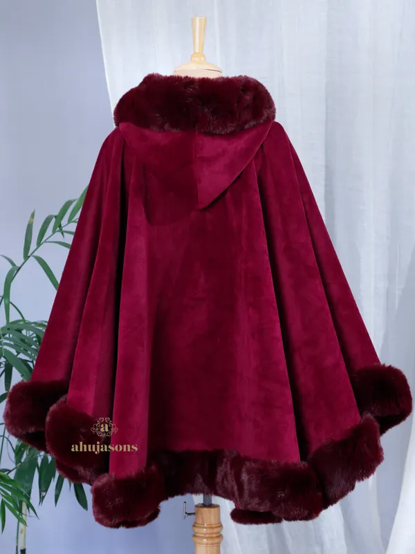 Rich Maroon Velvet Touch Fur Poncho