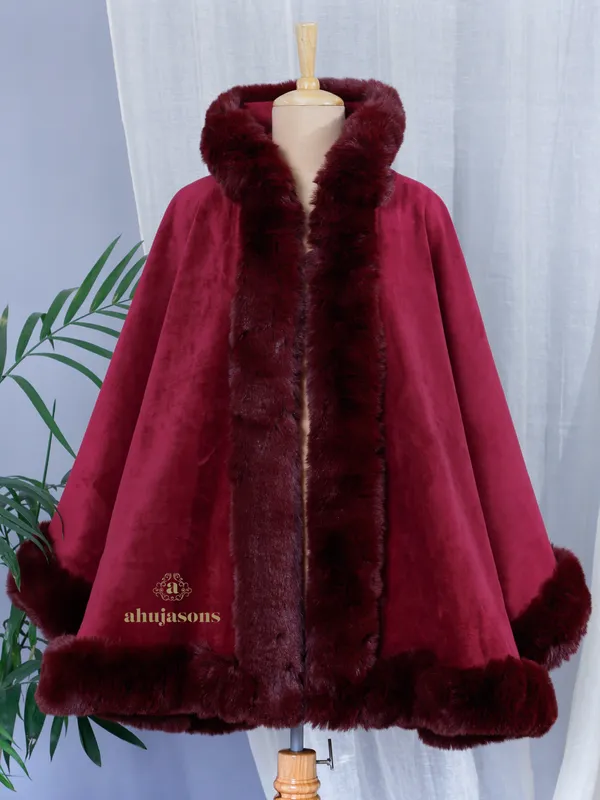 Rich Maroon Velvet Touch Fur Poncho