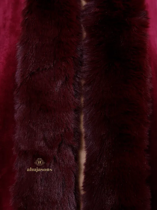 Rich Maroon Velvet Touch Fur Poncho