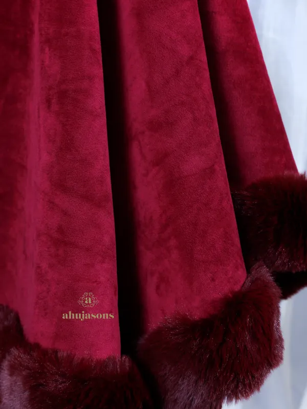 Rich Maroon Velvet Touch Fur Poncho