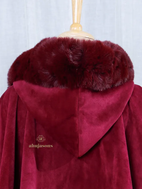 Rich Maroon Velvet Touch Fur Poncho