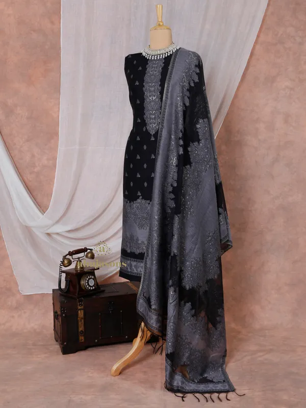 Graceful Charcoal Grey Unstitched Cotton Silk Suit for Women