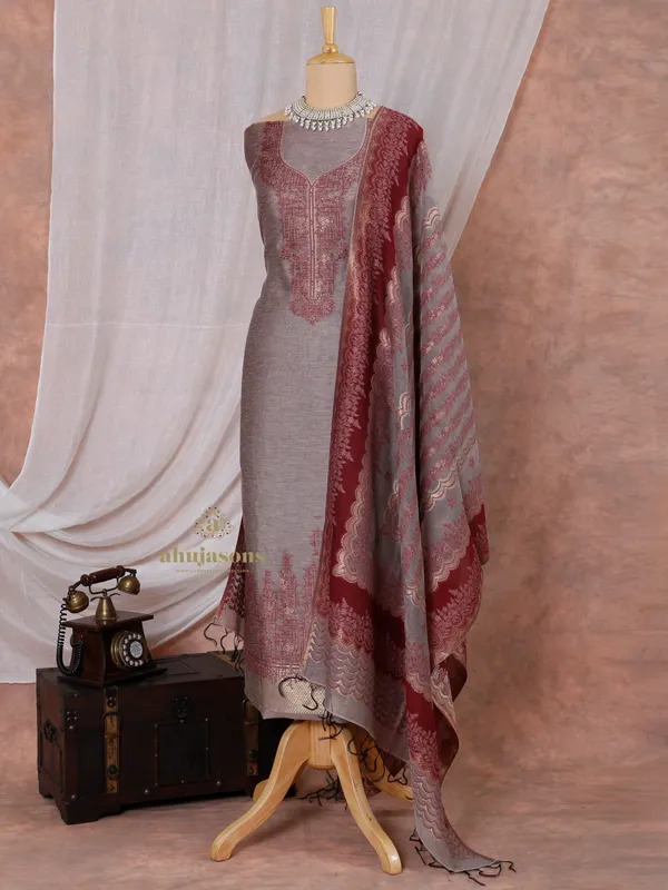 Chic Grey and Red Unstitched Cotton Silk Suit for Women