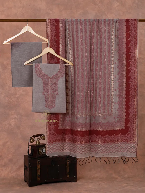 Chic Grey and Red Unstitched Cotton Silk Suit for Women
