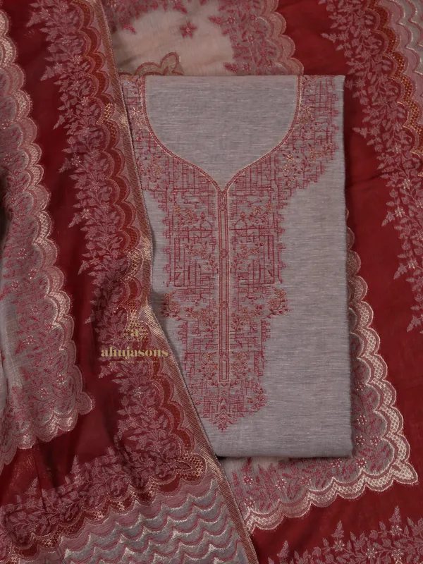 Chic Grey and Red Unstitched Cotton Silk Suit for Women