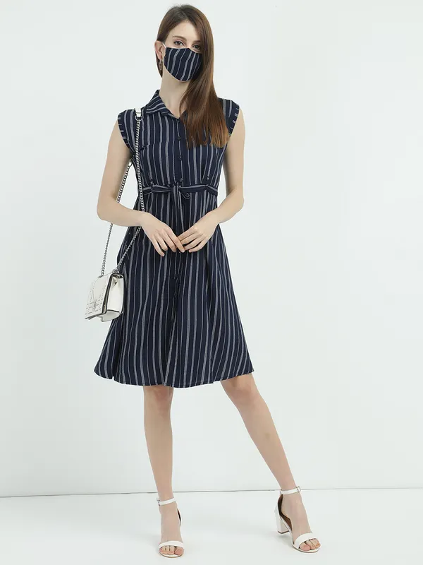 Women Half Sleeve Mid Frock (Navy Blue)