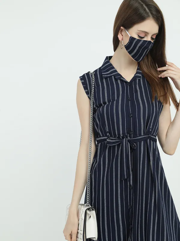Women Half Sleeve Mid Frock (Navy Blue)