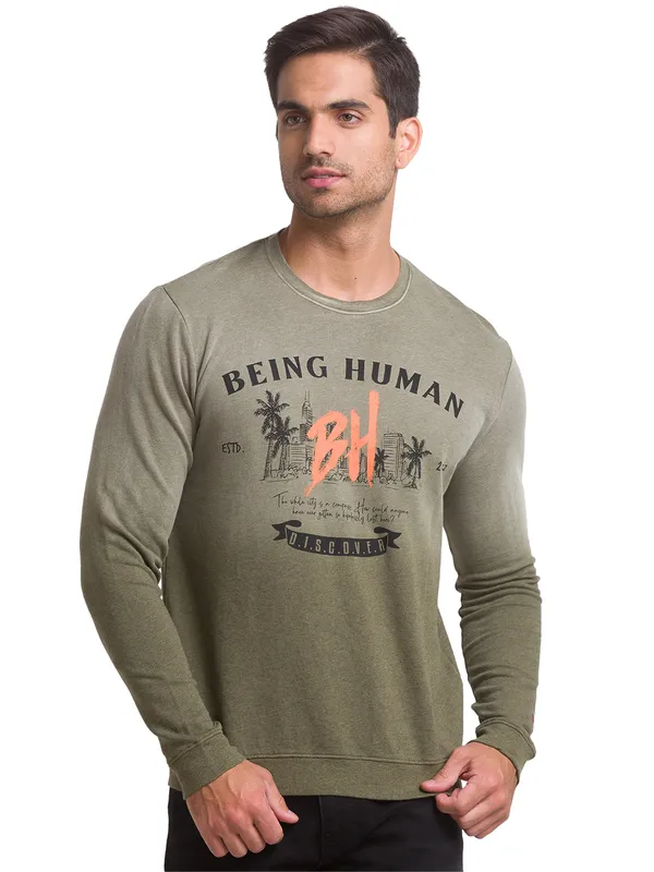 Being Human Regular Fit Men Crew Neck Sweatshirt-Olive Melange