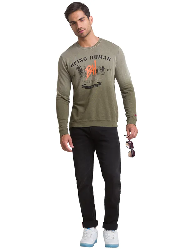 Being Human Regular Fit Men Crew Neck Sweatshirt-Olive Melange