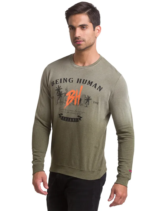 Being Human Regular Fit Men Crew Neck Sweatshirt-Olive Melange