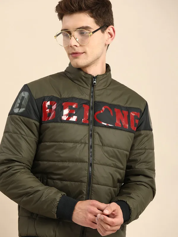 Being Human Clothing Men Regular Fit Collared Jackets-Olive / Black
