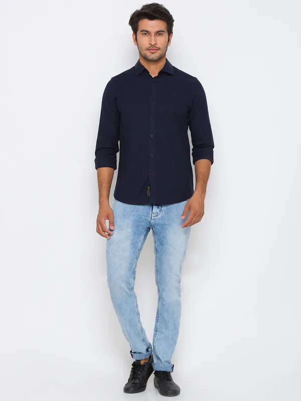 Being Human Slim Fit Men Collared Shirts-Navy