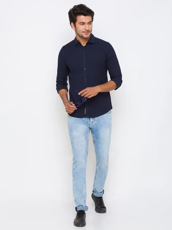 Being Human Slim Fit Men Collared Shirts-Navy