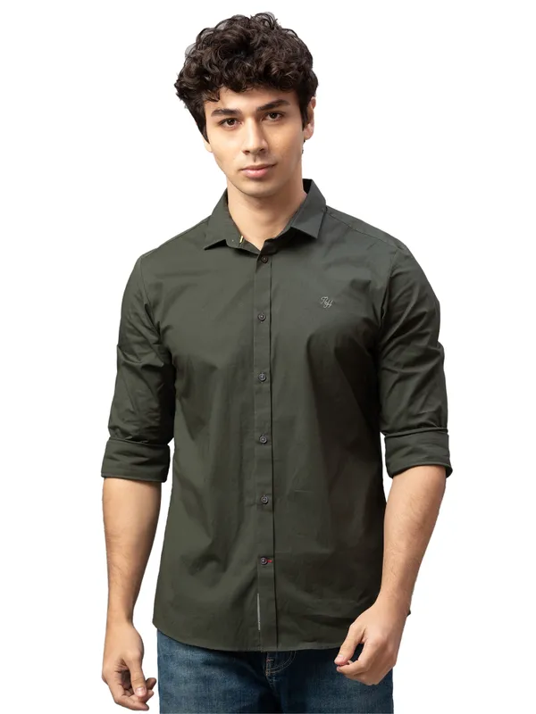 Being Human Super Slim Fit Men Collared Shirts-Military Green