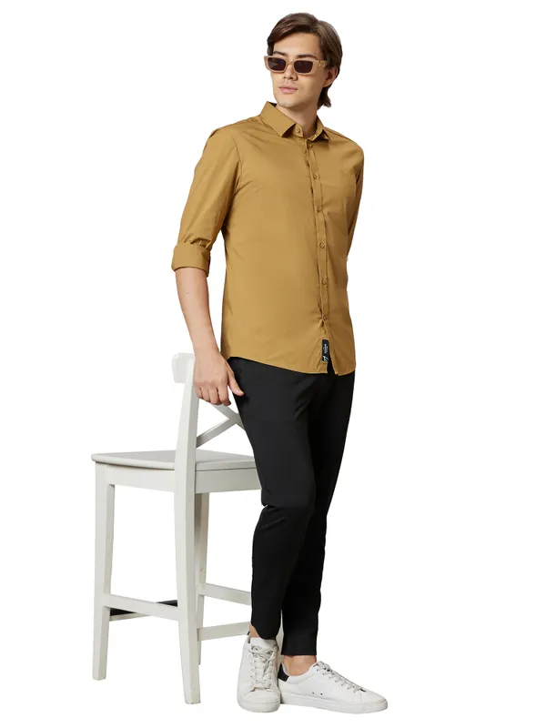 Being Human Slim Fit Men Collared Shirts-Camel