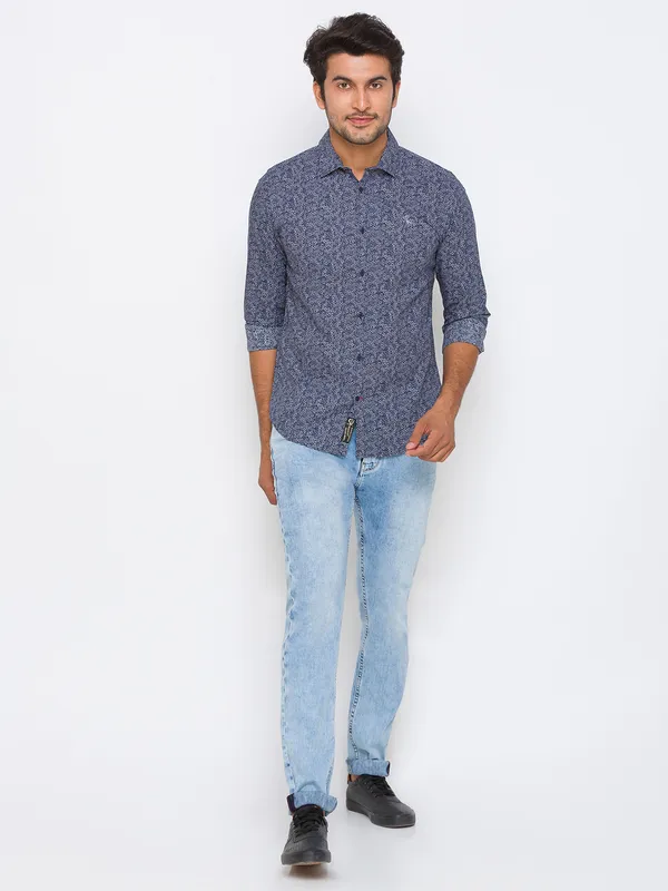 Being Human Clothing Men Slim Fit Collared Shirts-Navy Minimul Print