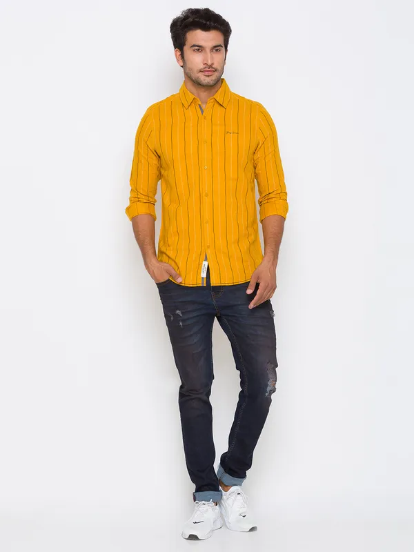 Being Human Slim Fit Men Collared Shirts-Musturd