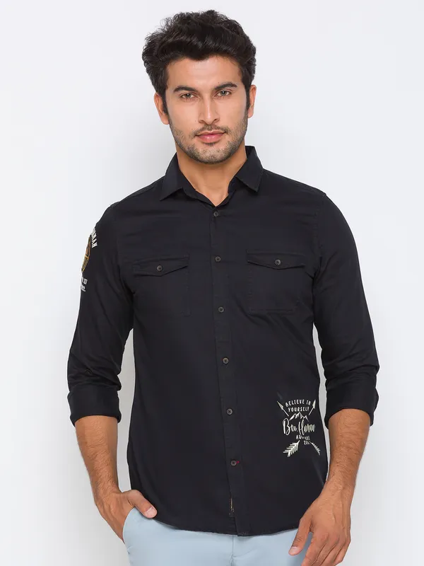 Being Human Slim Fit Men Collared Shirts-Black