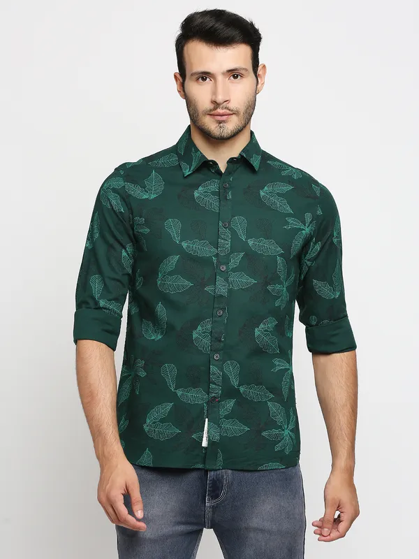 Being Human Slim Fit Men Collared Shirts-Forest Green