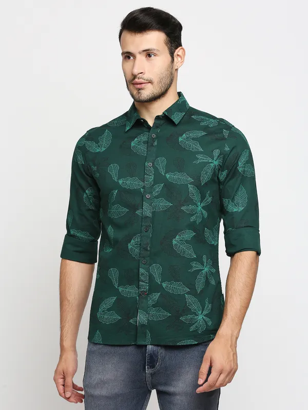 Being Human Slim Fit Men Collared Shirts-Forest Green