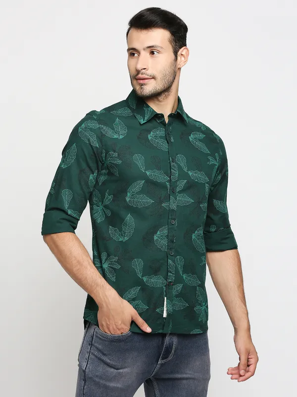 Being Human Slim Fit Men Collared Shirts-Forest Green