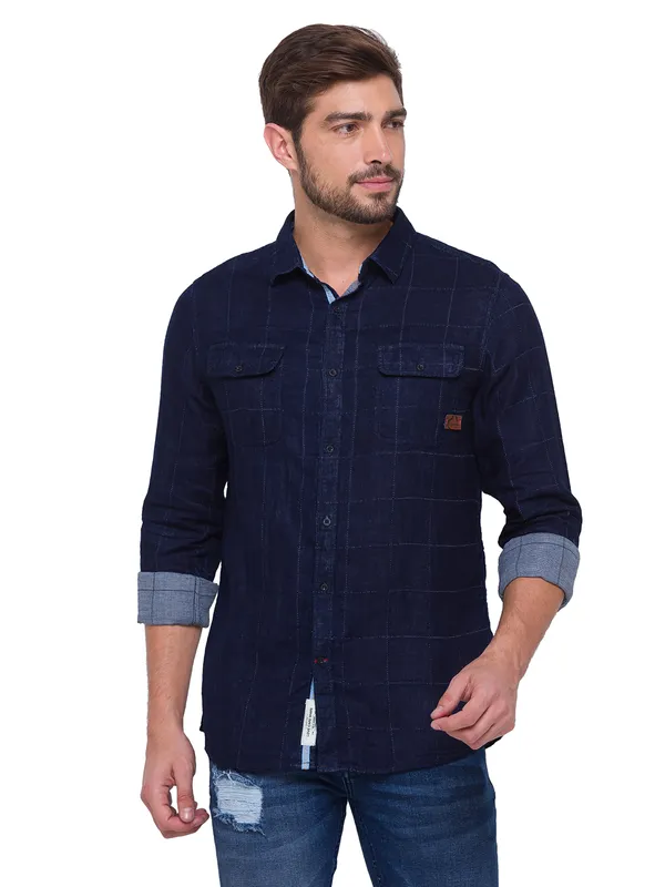 Being Human Slim Fit Men Collared Shirts-Navy