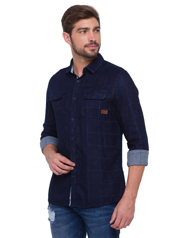 Being Human Slim Fit Men Collared Shirts-Navy
