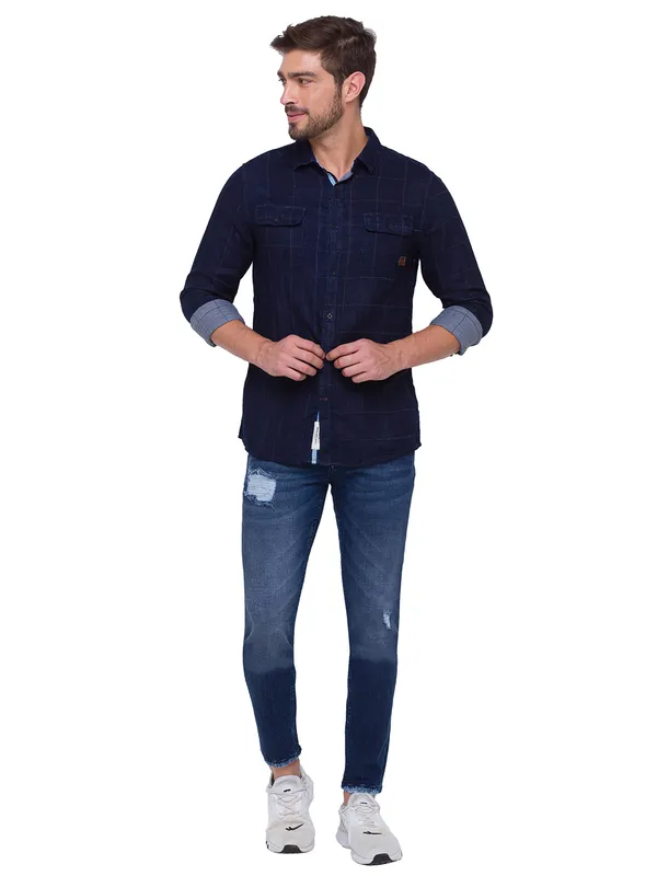 Being Human Slim Fit Men Collared Shirts-Navy